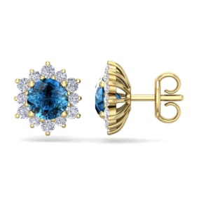2 Carat Round Shape Flower Blue Diamond Halo Stud Earrings In 14 Karat Yellow Gold