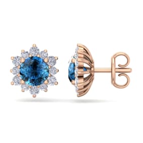 2 Carat Round Shape Flower Blue Diamond Halo Stud Earrings In 14 Karat Rose Gold