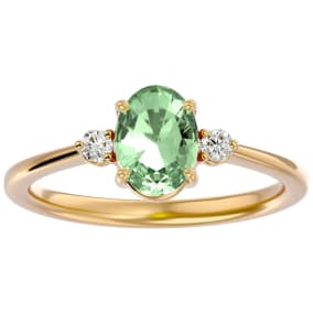 1.15 Carat Oval Shape Green Amethyst and Two Diamond Ring In 14 Karat Yellow Gold