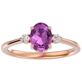 Pink Gemstones 1 1/2 Carat Oval Shape Pink Topaz and Two Diamond Ring In 14 Karat Rose Gold