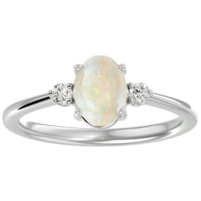 1 Carat Oval Shape Opal Ring with Two Diamonds In 14 Karat White Gold