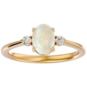 1 Carat Oval Shape Opal Ring with Two Diamonds In 14 Karat Yellow Gold