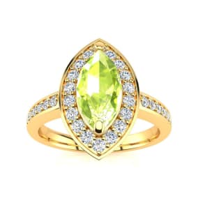 1 Carat Marquise Peridot and Diamond Ring In 14 Karat Yellow Gold