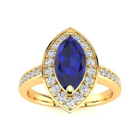 1 Carat Marquise Blue Sapphire and Diamond Ring In 14 Karat Yellow Gold