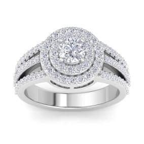 1 Carat Natural Double Halo Diamond Engagement Ring In 14 Karat White Gold