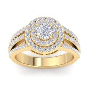 1 Carat Natural Double Halo Diamond Engagement Ring In 14 Karat Yellow Gold