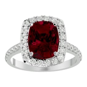 5 Carat Cushion Cut Ruby and Halo Diamond Ring In 18K White Gold