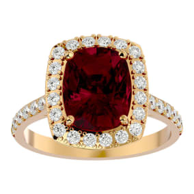 5 Carat Cushion Cut Ruby and Halo Diamond Ring In 18K Yellow Gold