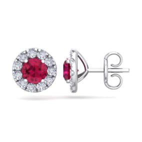 2 1/2 Carat Ruby and Diamond Halo Stud Earrings In 14 Karat White Gold