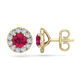 2 1/2 Carat Ruby and Diamond Halo Stud Earrings In 14 Karat Yellow Gold