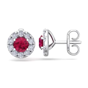 1 1/2 Carat Ruby and Diamond Halo Stud Earrings In 14 Karat White Gold