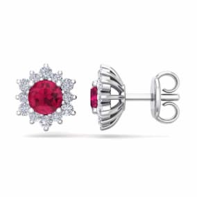 1 Carat Round Shape Flower Ruby and Diamond Halo Stud Earrings In 14 Karat White Gold