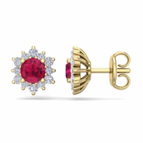 1 Carat Round Shape Flower Ruby and Diamond Halo Stud Earrings In 14 Karat Yellow Gold