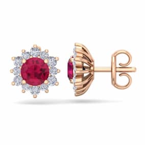 1 1/2 Carat Round Shape Flower Ruby and Diamond Halo Stud Earrings In 14 Karat Rose Gold