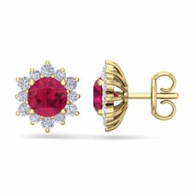 2 Carat Round Shape Flower Ruby and Diamond Halo Stud Earrings In 14 Karat Yellow Gold