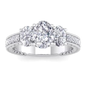 2 1/2 Carat Moissanite Oval Shape Three Stone Ring In 14 Karat White Gold