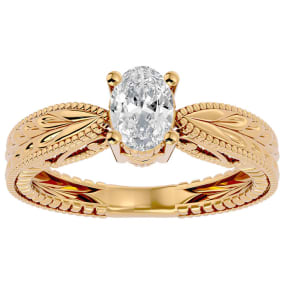 1 Carat Oval Diamond Solitaire Engagement Ring with Tapered Etched Band In 14 Karat Yellow Gold