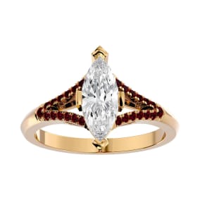 1 1/4 Carat Marquise Shape Diamond and Ruby Engagement Ring In 14 Karat Yellow Gold