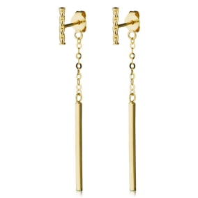14 Karat Yellow Gold Bar and Chain Dangle Earrings, 2 Inches