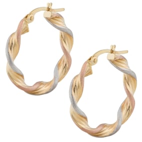 14 Karat Tri Tone Gold 15x3.5mm Satin Twist Hoop Earrings