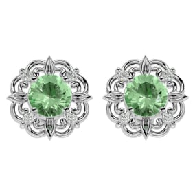 1 1/2 Carat Green Amethyst and Diamond Antique Stud Earrings In 14 Karat White Gold