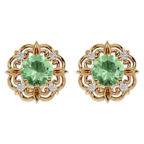 1 1/2 Carat Green Amethyst and Diamond Antique Stud Earrings In 14 Karat Yellow Gold