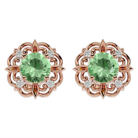 1 1/2 Carat Green Amethyst and Diamond Antique Stud Earrings In 14 Karat Rose Gold