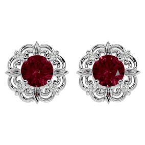 Garnet Earrings: Garnet Jewelry: 2 1/10 Carat Garnet and Diamond Antique Stud Earrings In 14 Karat White Gold