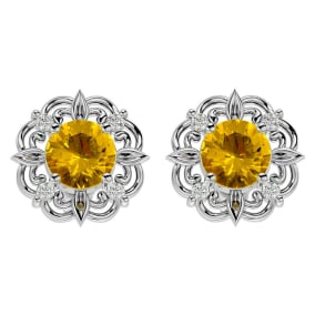 1 1/2 Carat Citrine and Diamond Antique Stud Earrings In 14 Karat White Gold
