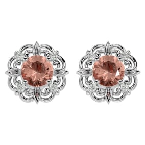 Pink Gemstones 1 3/4 Carat Morganite and Diamond Antique Stud Earrings In 14 Karat White Gold