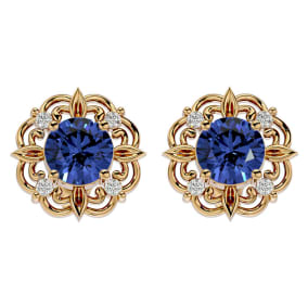1 3/4 Carat Tanzanite and Diamond Antique Stud Earrings In 14 Karat Yellow Gold