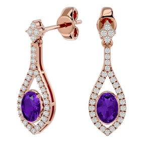 2 Carat Oval Shape Amethyst and Diamond Dangle Earrings In 14 Karat Rose Gold
