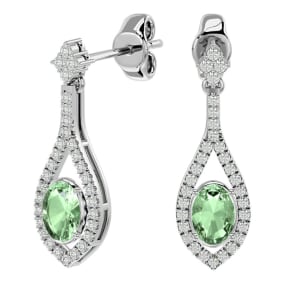 2 Carat Oval Shape Green Amethyst and Diamond Dangle Earrings In 14 Karat White Gold