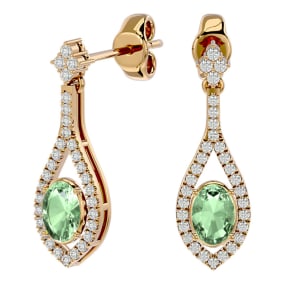 2 Carat Oval Shape Green Amethyst and Diamond Dangle Earrings In 14 Karat Yellow Gold