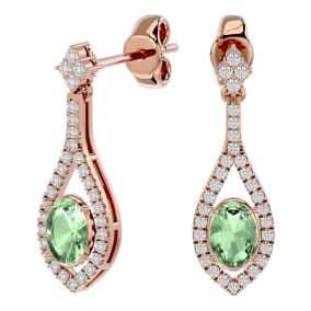 2 Carat Oval Shape Green Amethyst and Diamond Dangle Earrings In 14 Karat Rose Gold