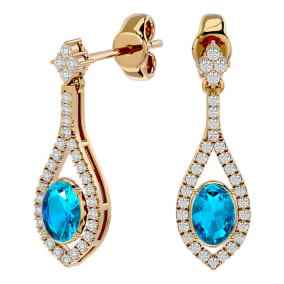 2 1/2 Carat Oval Shape Blue Topaz and Diamond Dangle Earrings In 14 Karat Yellow Gold