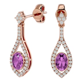 Pink Gemstones 2 1/2 Carat Oval Shape Pink Topaz and Diamond Dangle Earrings In 14 Karat Rose Gold