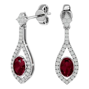 Garnet Earrings: Garnet Jewelry: 2 1/2 Carat Oval Shape Garnet and Diamond Dangle Earrings In 14 Karat White Gold