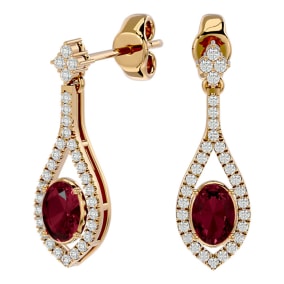 Garnet Earrings: Garnet Jewelry: 2 1/2 Carat Oval Shape Garnet and Diamond Dangle Earrings In 14 Karat Yellow Gold