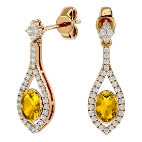 2 Carat Oval Shape Citrine and Diamond Dangle Earrings In 14 Karat Yellow Gold