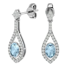 2 Carat Oval Shape Aquamarine and Diamond Dangle Earrings In 14 Karat White Gold