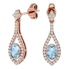 Aquamarine Earrings: Aquamarine Jewelry: 2 Carat Oval Shape Aquamarine and Diamond Dangle Earrings In 14 Karat Rose Gold