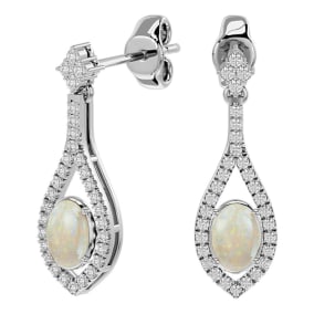 2 Carat Oval Shape Opal and Diamond Dangle Earrings In 14 Karat White Gold