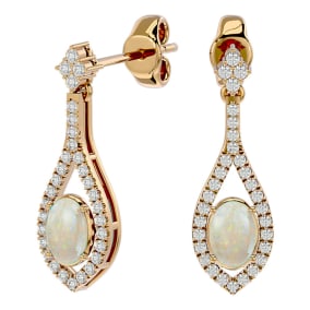 2 Carat Oval Shape Opal and Diamond Dangle Earrings In 14 Karat Yellow Gold