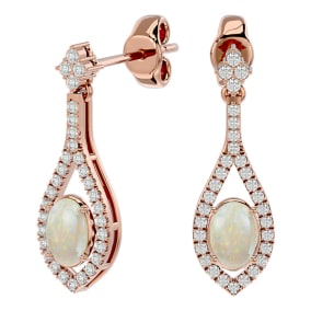 2 Carat Oval Shape Opal and Diamond Dangle Earrings In 14 Karat Rose Gold