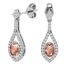 Pink Gemstones 2 Carat Oval Shape Morganite and Diamond Dangle Earrings In 14 Karat White Gold