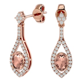 2 Carat Oval Shape Morganite Earrings and Diamond Dangles In 14 Karat Rose Gold