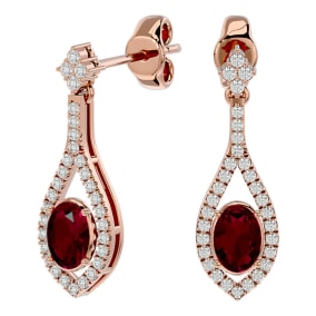 2 1/2 Carat Oval Shape Ruby and Diamond Dangle Earrings In 14 Karat Rose Gold