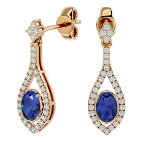 2 1/2 Carat Oval Shape Tanzanite and Diamond Dangle Earrings In 14 Karat Yellow Gold