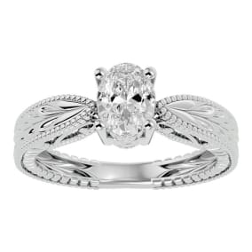1 Carat Oval Shape Moissanite Solitaire Engagement Ring with Tapered Etched Band In 14 Karat White Gold